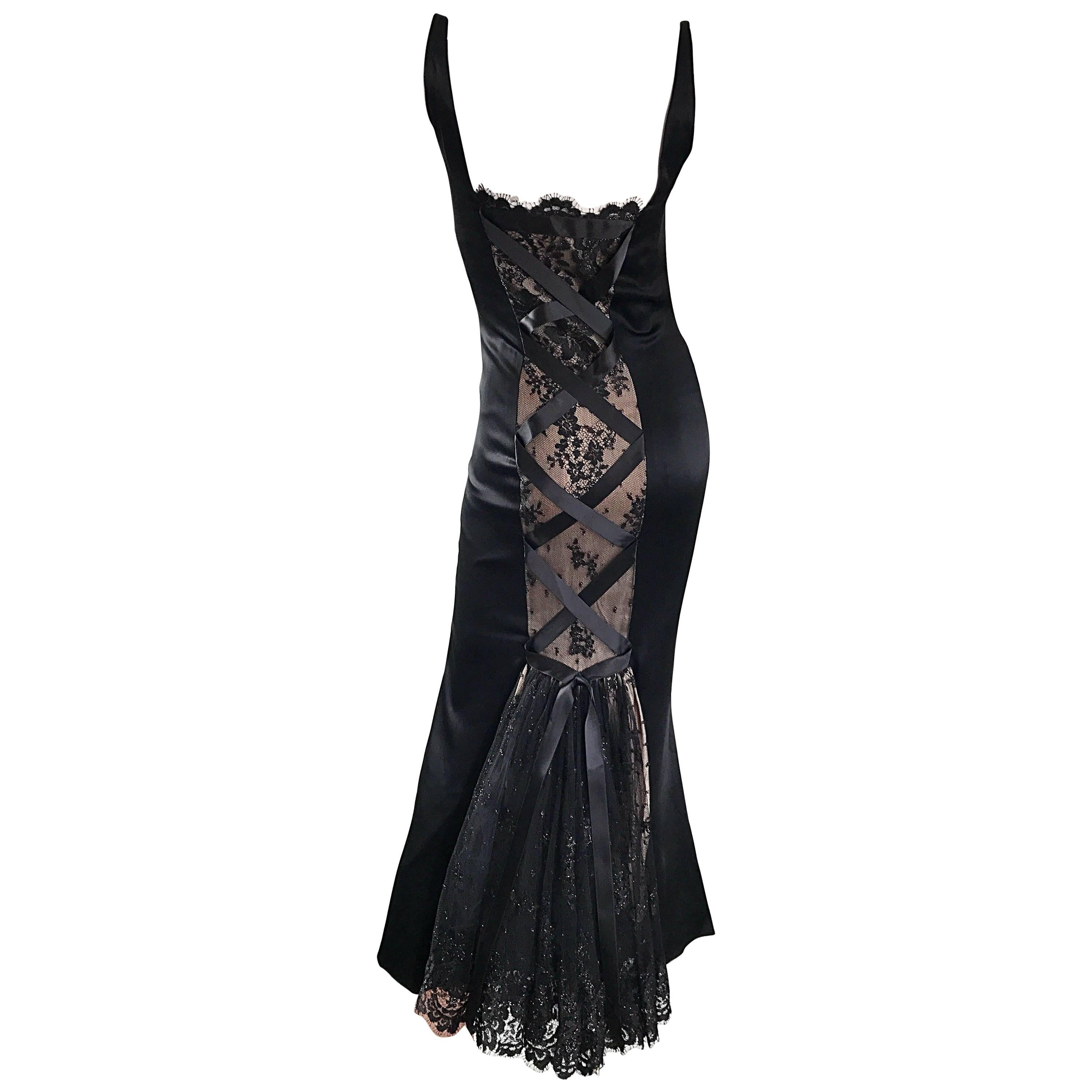 Gorgeous 1990s Lorcan Mullany for Bellville Sassoon Black + Nude Silk Lace Gown For Sale