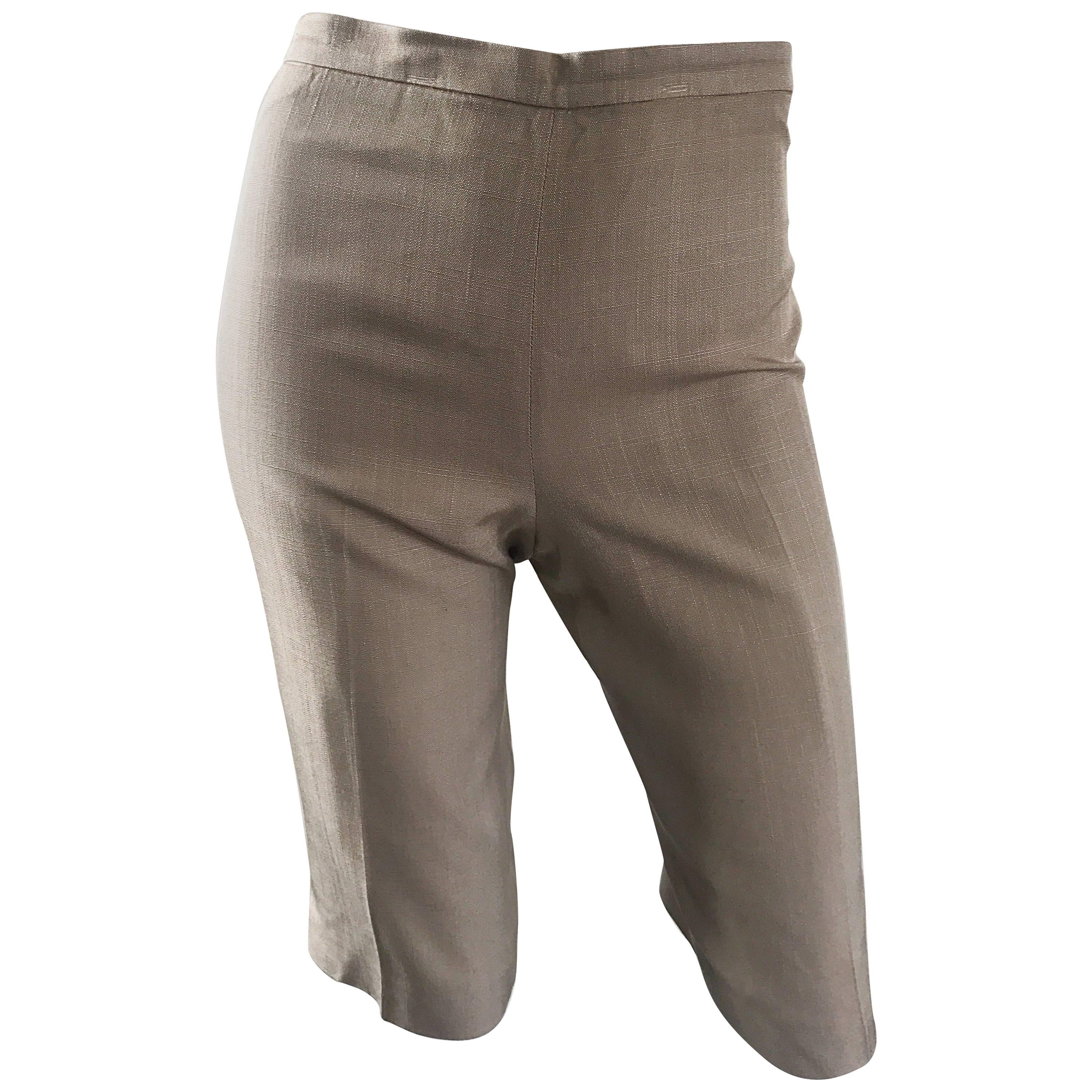 Vintage Michael Kors Collection 1990s Khaki Silk Cropped Capri Pants Shorts Sz 6