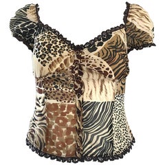 1990s Moschino Cheap & Chic Animal Print Vintage 90s Silk Short Sleeve Crop Top