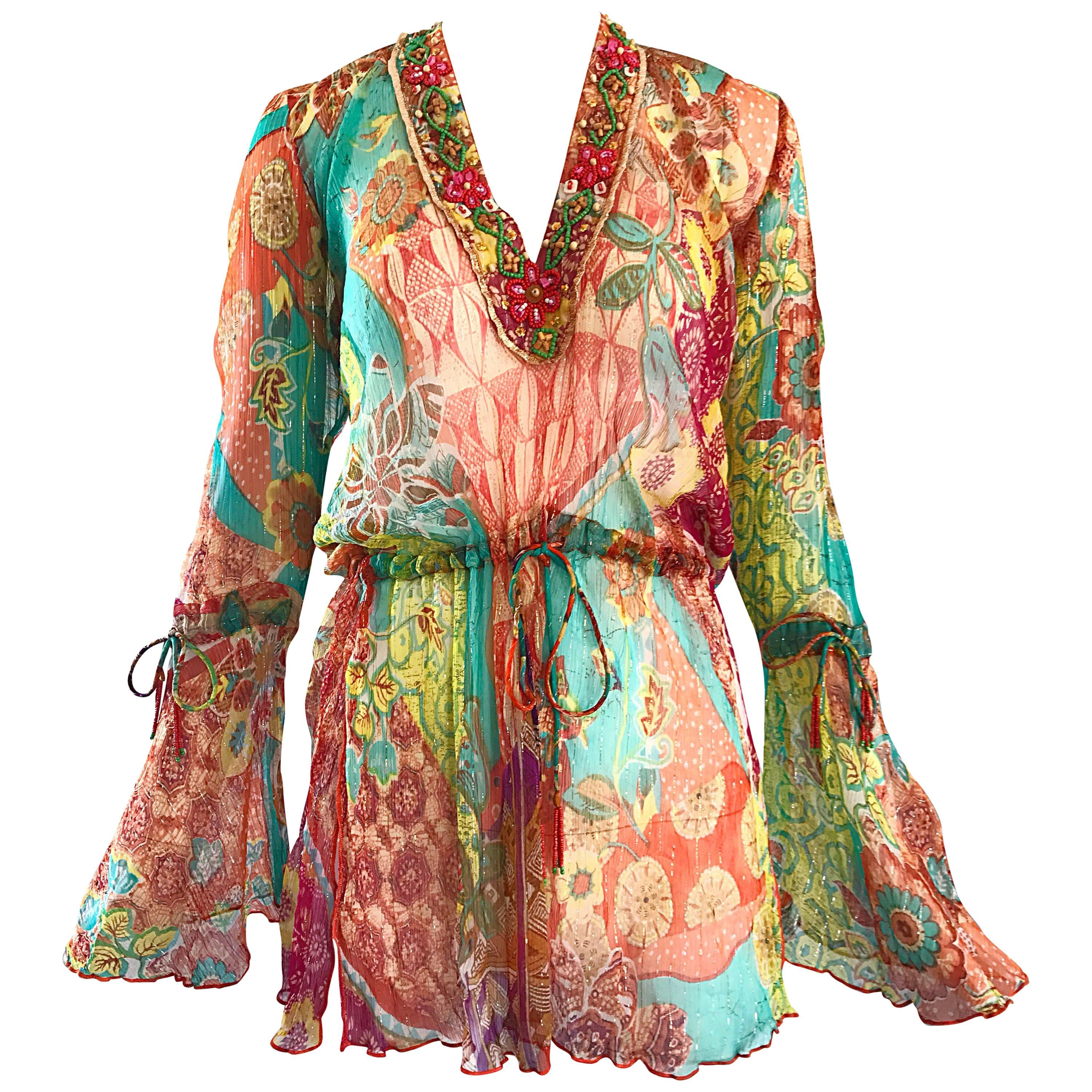 90s Gorgeous Maurizia Byoux Colorful Silk Chiffon Beaded Semi Sheer Tunic Top  For Sale