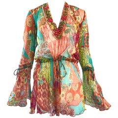 90s Gorgeous Maurizia Byoux Colorful Silk Chiffon Beaded Semi Sheer Tunic Top 