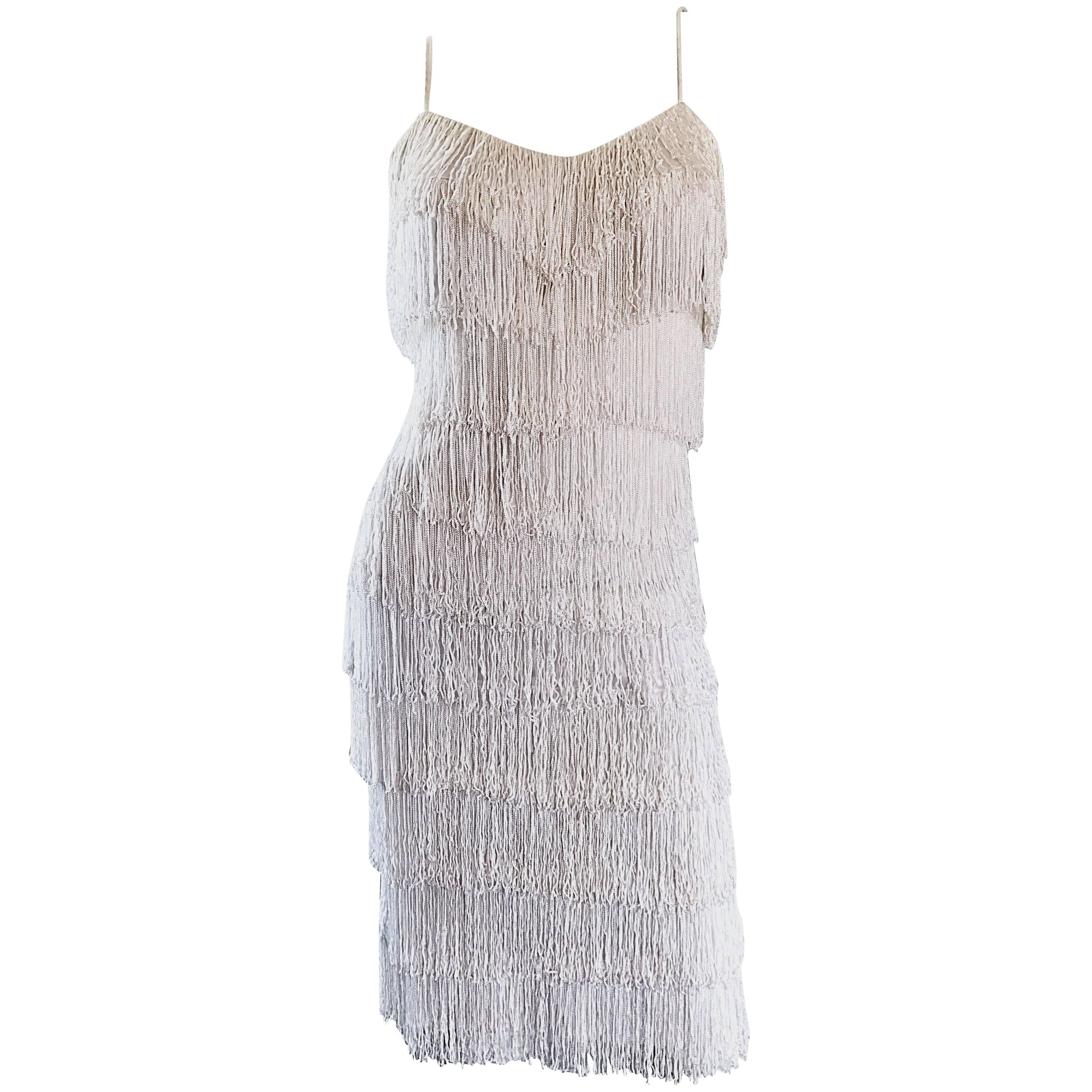 Incredible Vintage 1970s Does 1920s White Fully Fringed Jersey Flapper Dress