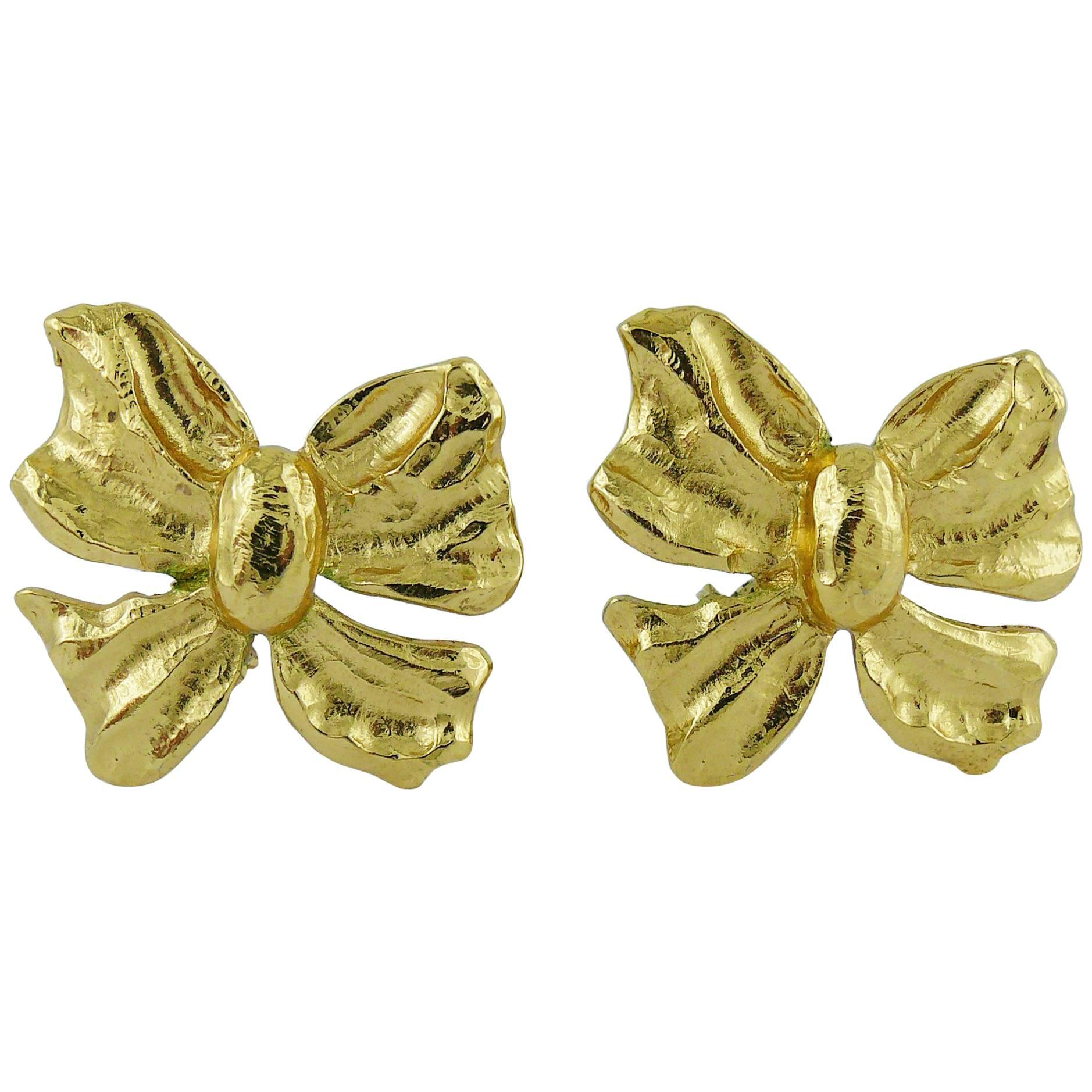 Yves Saint Laurent YSL Vintage Gold Toned Bow Clip-On Earrings