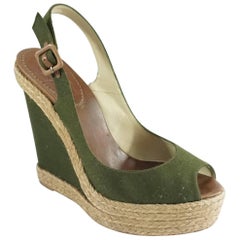 Christian Louboutin Green Flannel and Straw Wedges - 41