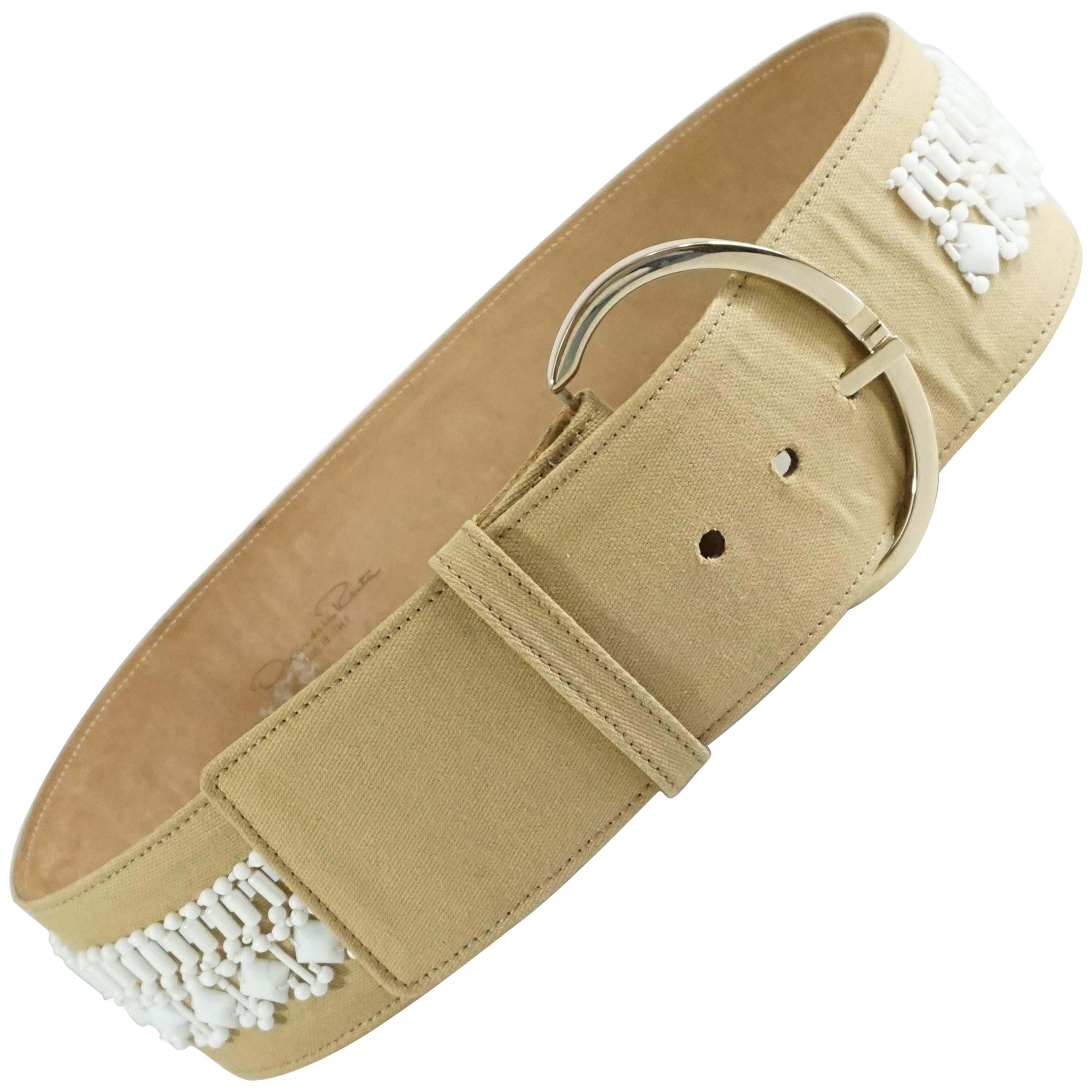 Ceinture large Oscar de la Renta en cuir et toile beige avec perles blanches en vente