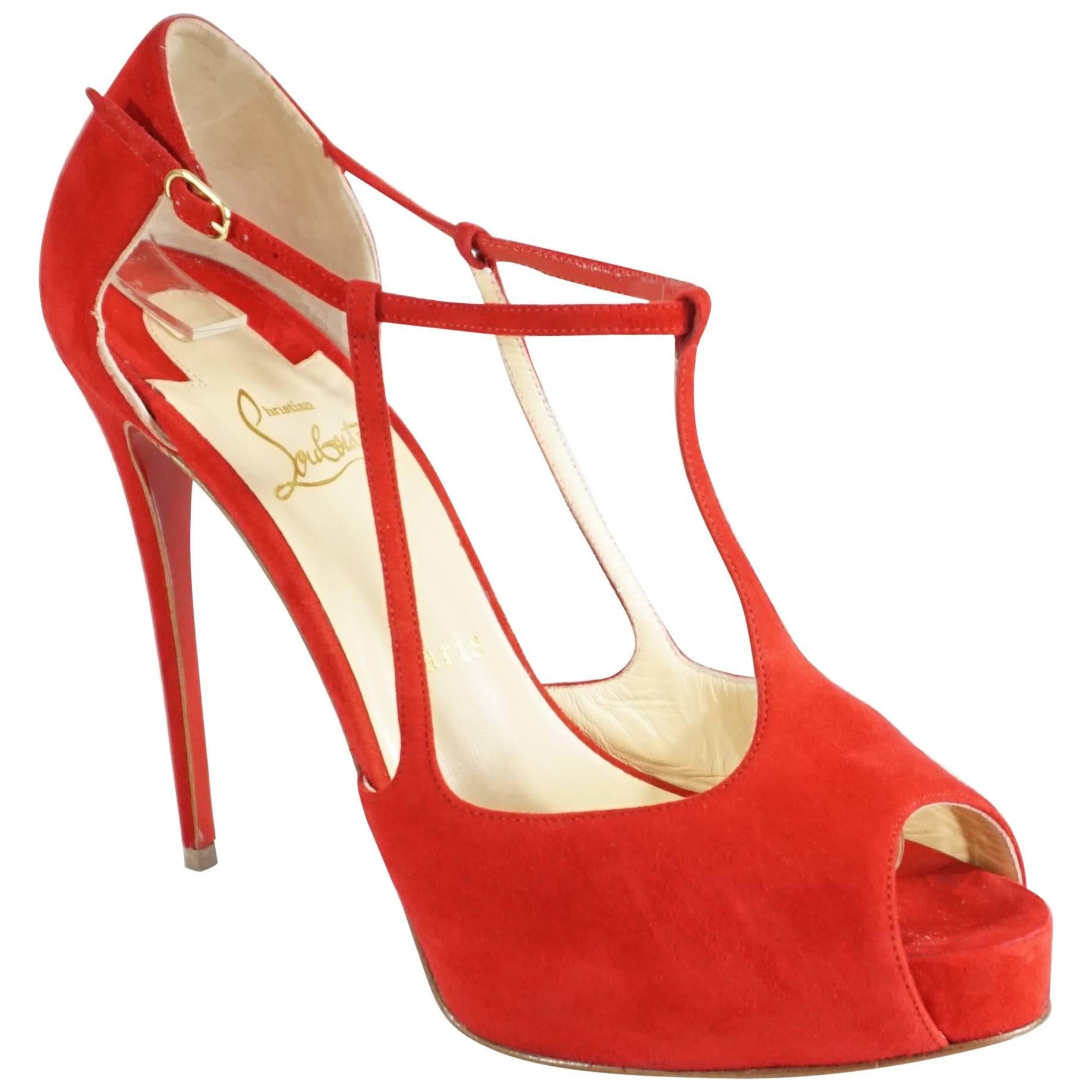 Christian Louboutin Red Suede Strappy Heels - 38