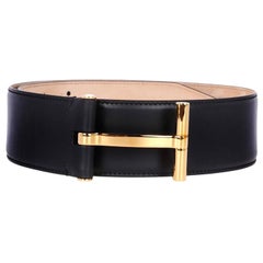 Tom Ford New Wide Leather Gold Logo Charm Women's Evening Waist Belt