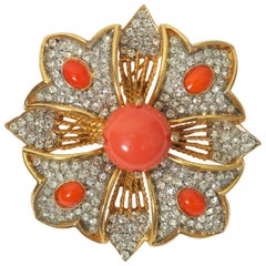KJL Rhinestone and Coral Brooch