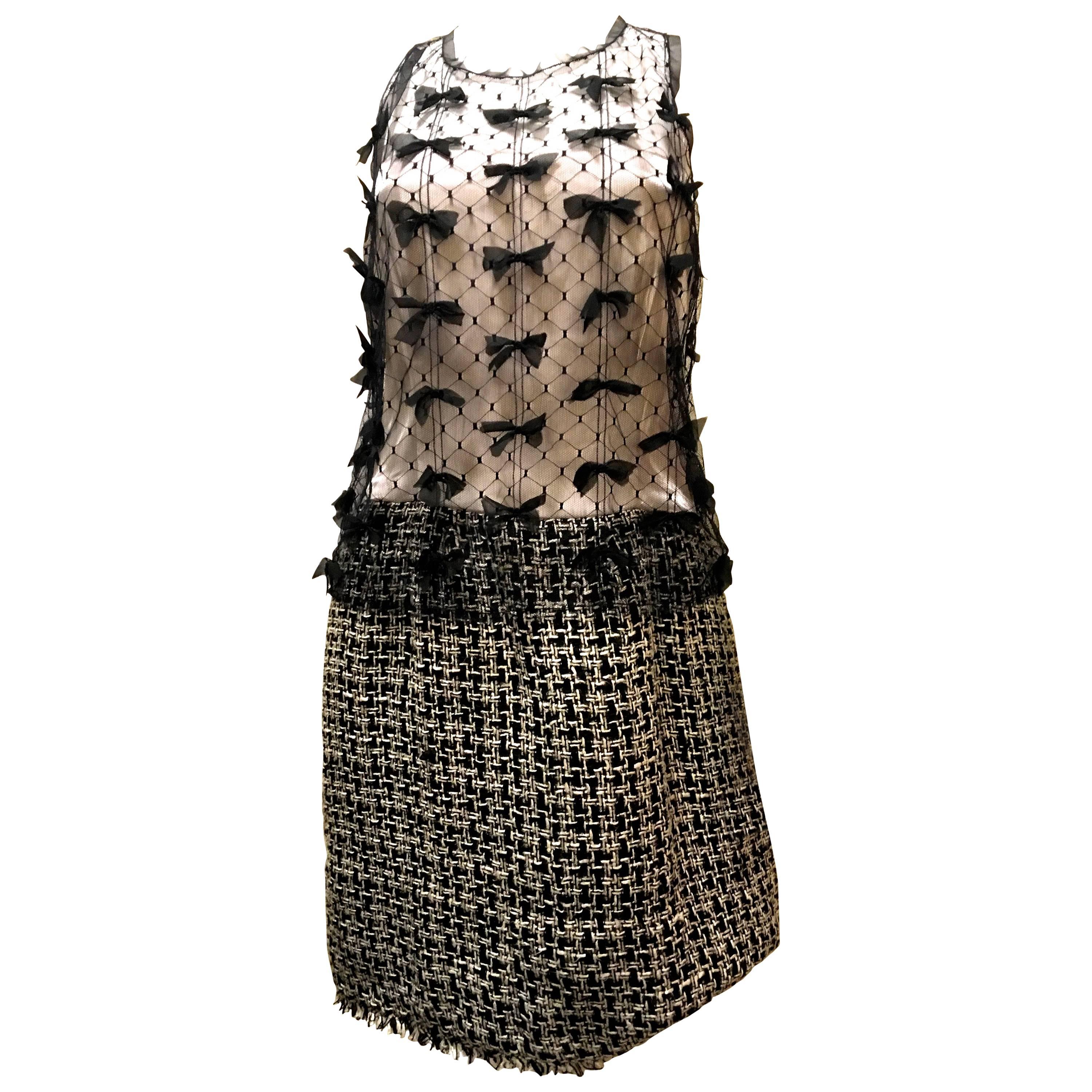 Chanel Silk and Boucle Dress w/ Sheer Overlay For Sale