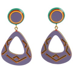 Vintage 1980s Dangling Pierced Earrings Multicolor Lucite with Tribal Design 7