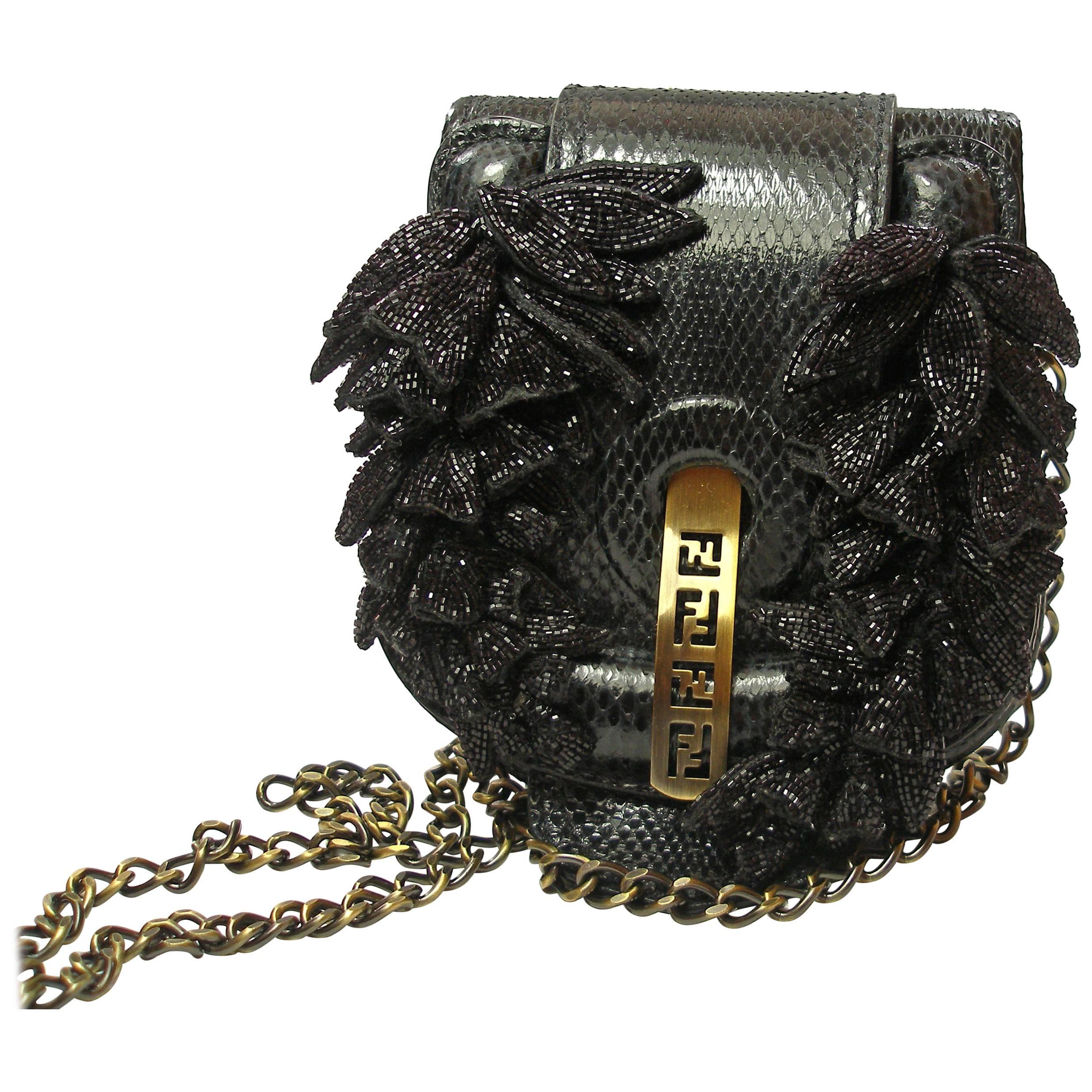 RARE 1990 Limited Edition Fendi Fold Over Chain Lizard Handbag For Sale