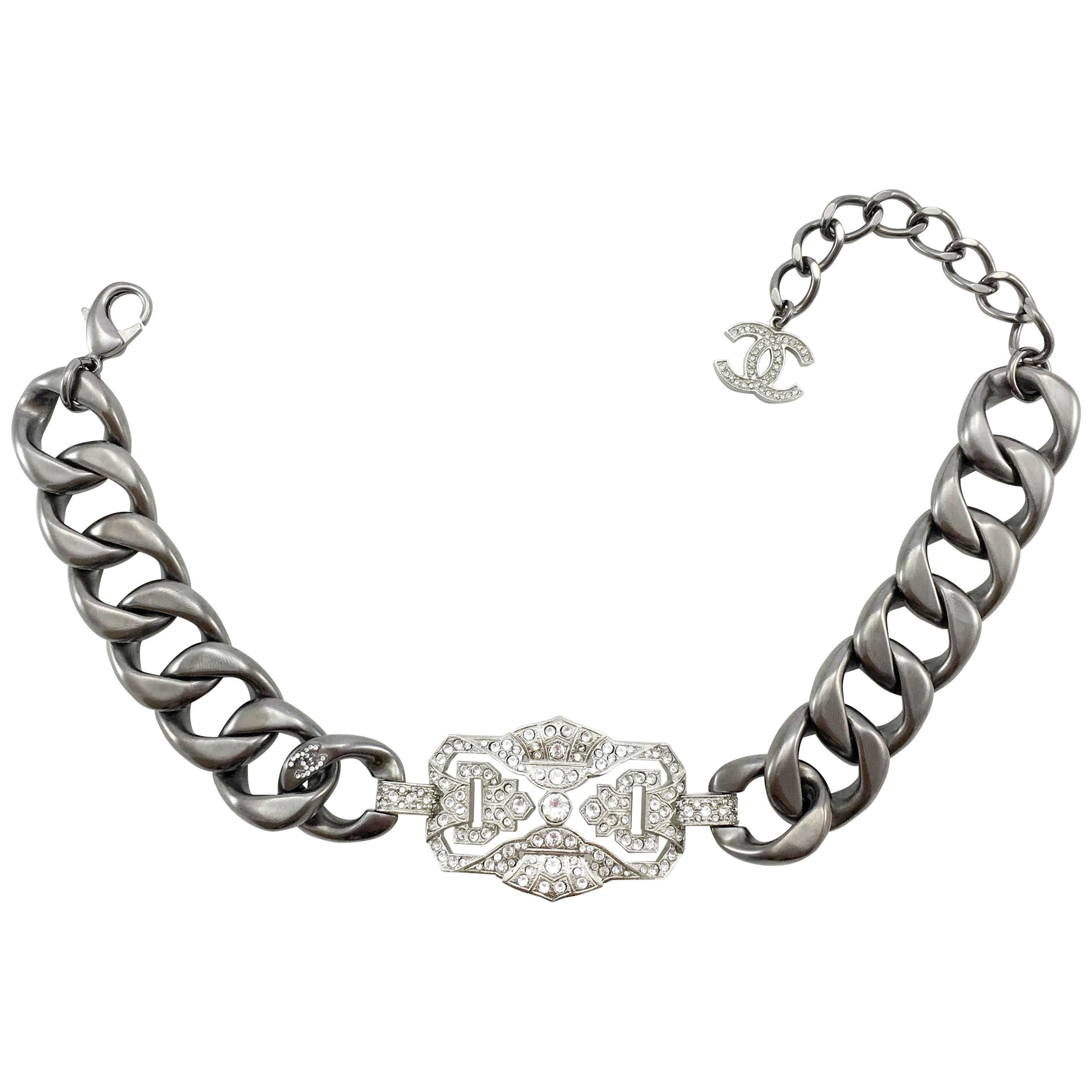 Chanel Runway Look Diamanté Embellished Gunmetal Coloured Chunky Chain Choker For Sale