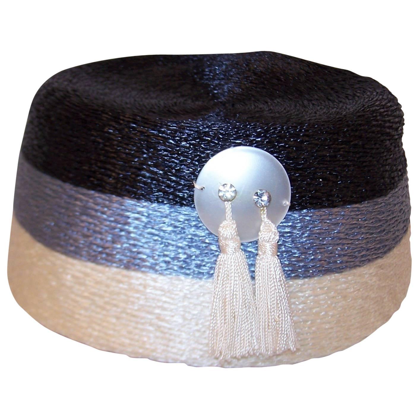 Stylish 1950's Evelyn Varon Blue Straw Hat With Tassels