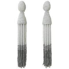 Oscar de la Renta New with Tags White and Silver Grey Tassel Earrings Clip On 4