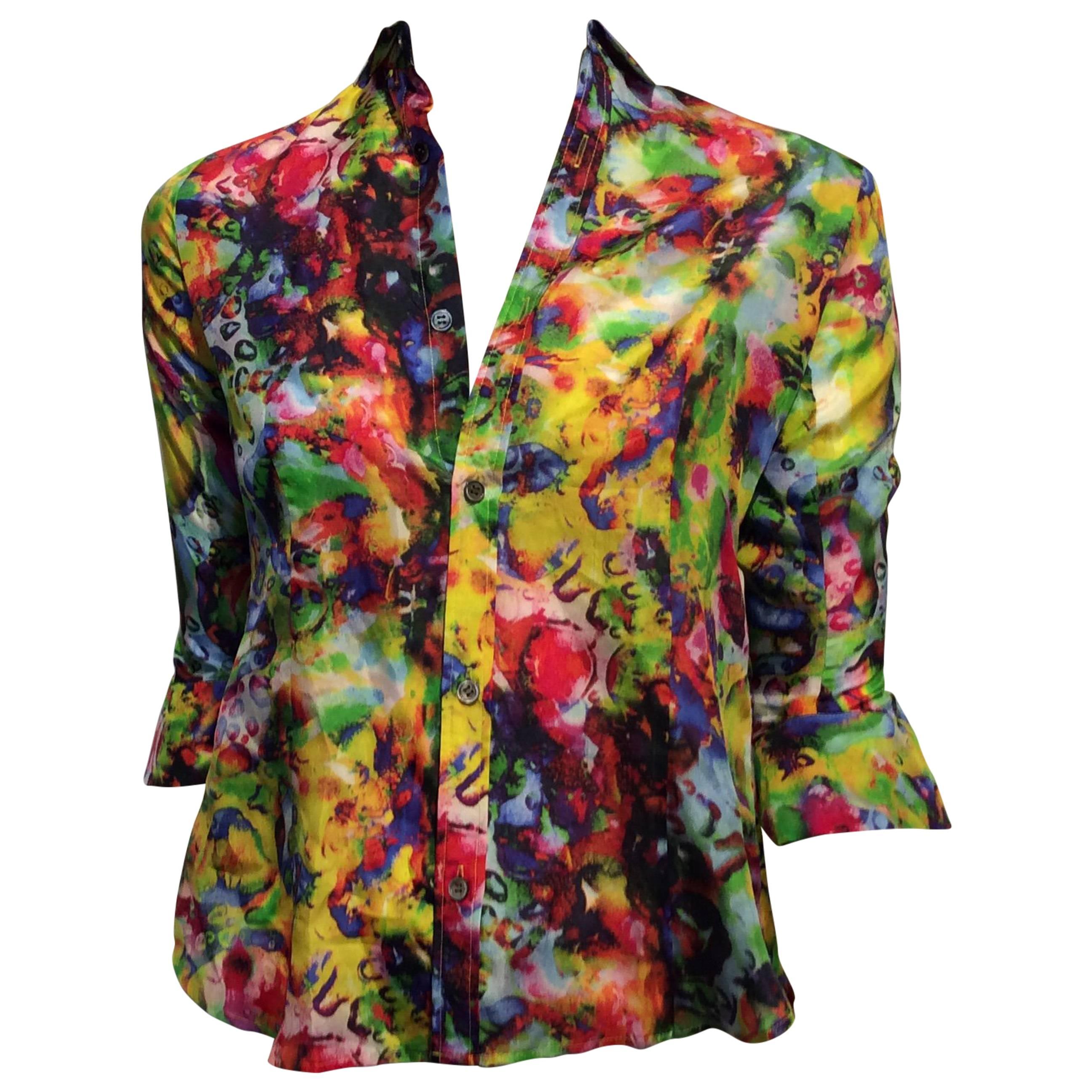 Yohji Yamamoto Silk Shirt With A Bright Abstract Print Sz S For Sale