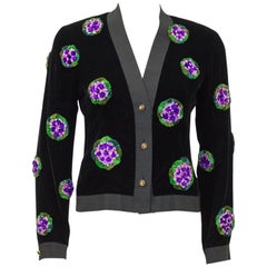 1990's Chanel Black Velvet Cardigan with Purple Floral Appliques