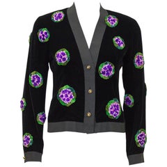 1990's Chanel Black Velvet Cardigan with Purple Floral Appliques 