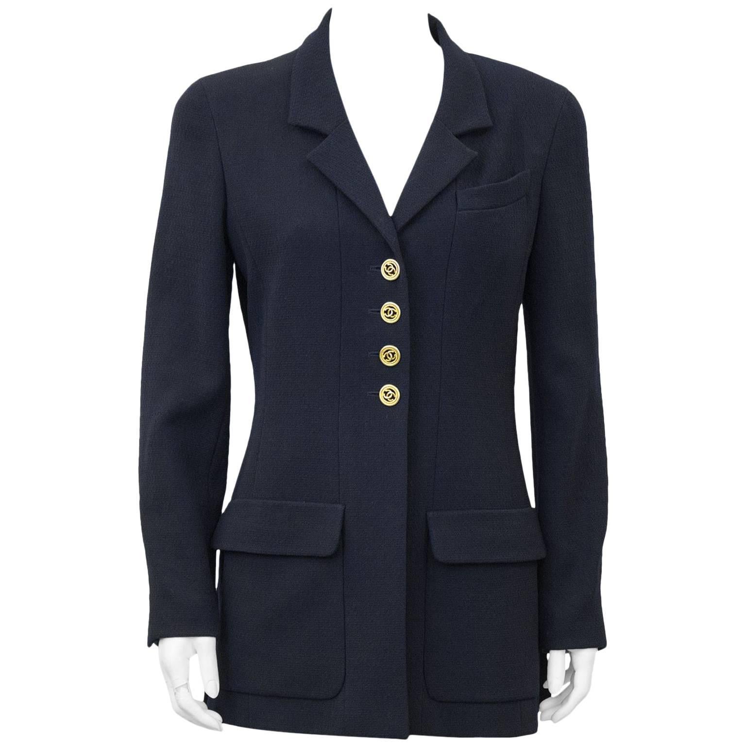 1990s Chanel Navy Blue Wool Blazer