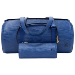 Vintage Louis Vuitton Soufflot Blue Epi Leather Hand Bag + Pouch 