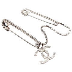 Chanel Silver Rhinestone Double Dual Chain Evening Safety Pin Brooch