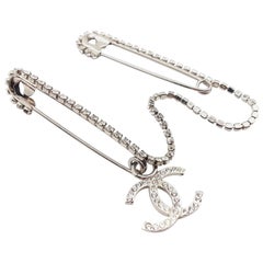 Chanel Silver Rhinestone Double Dual Chain Evening Safety Pin Brooch 5