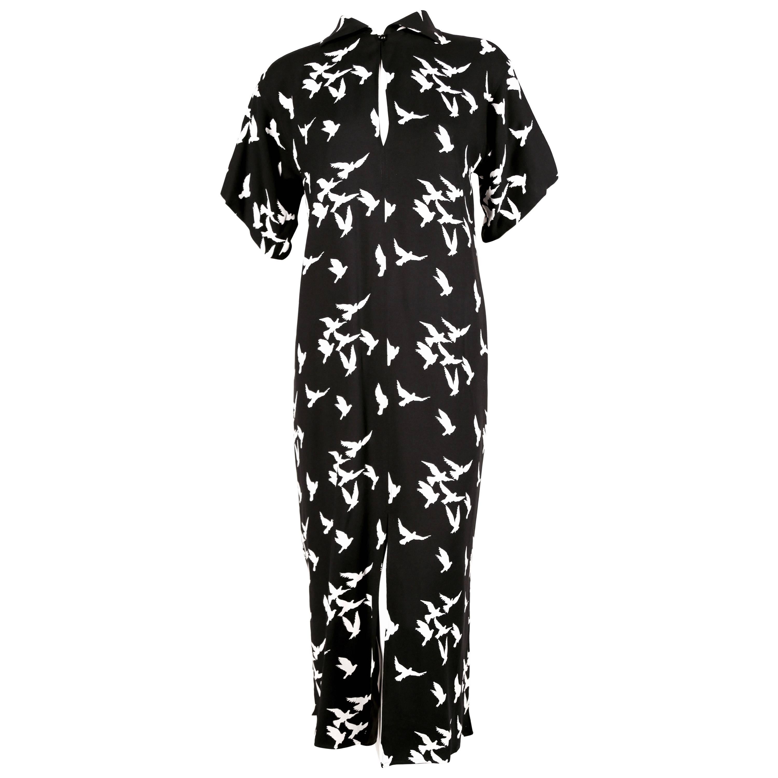 1978 YVES SAINT LAURENT black crepe dress with bird print For Sale