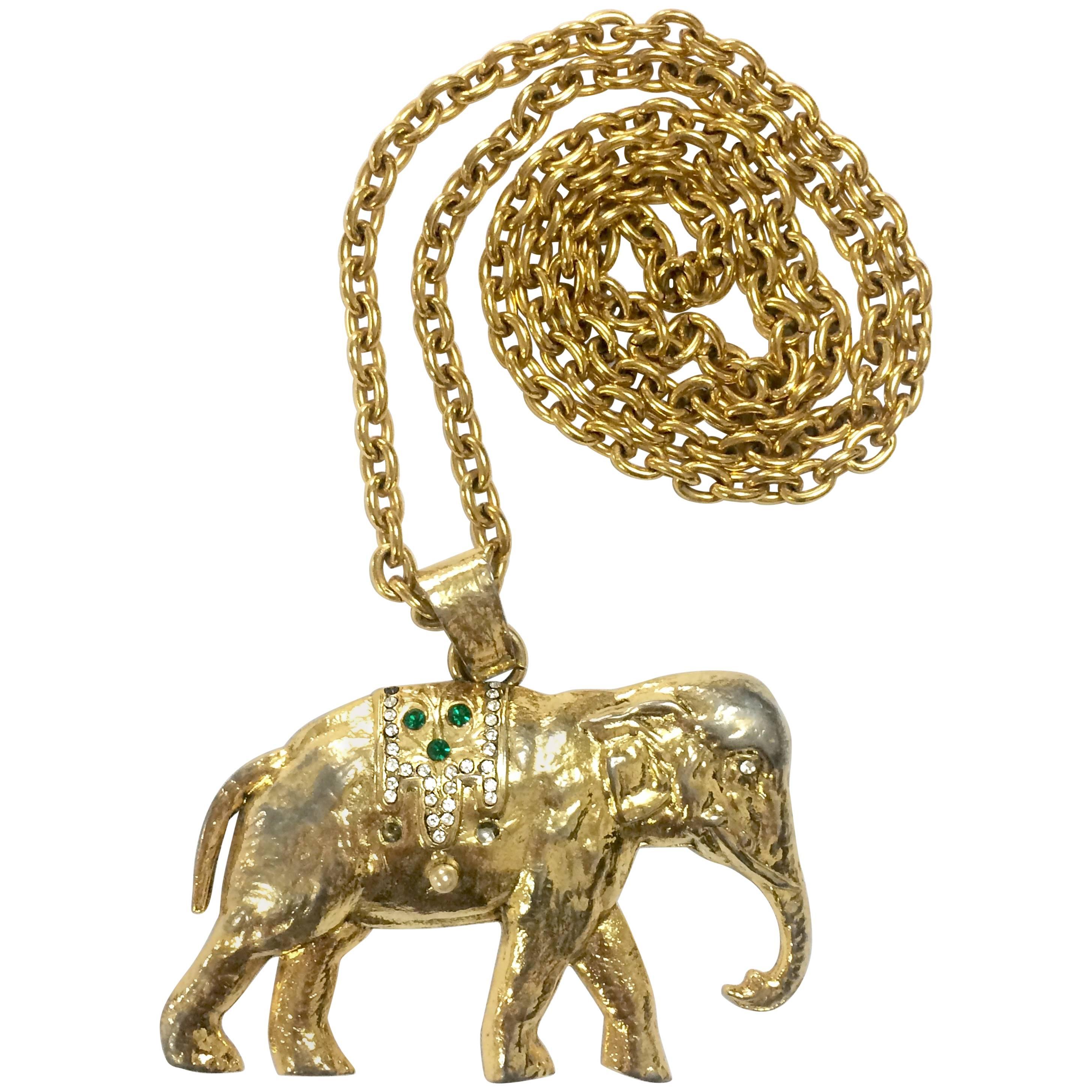 Vintage Sonia Rykiel gold tone large elephant pendant top long chain necklace.  For Sale