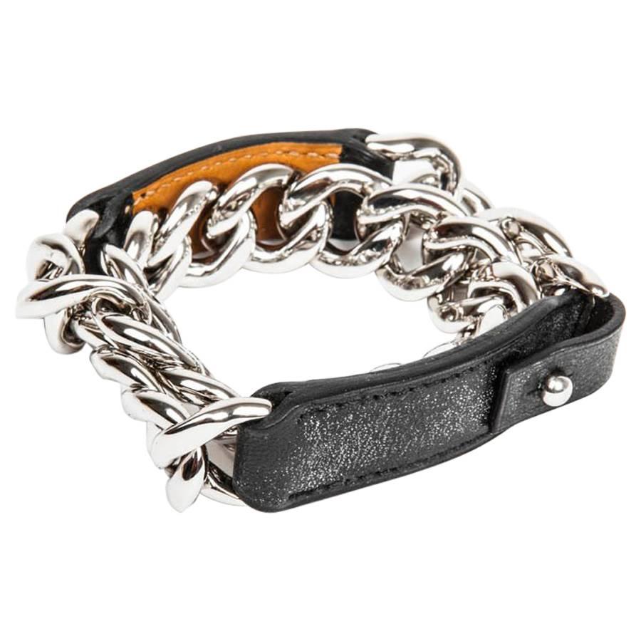 HERMES Bracelet in Black Leather, Palladium Silver Metal Chain Size S