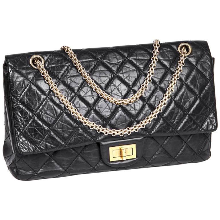 CHANEL 2.55 Double Flap Bag in Black Aged Quilted Lamb Leather