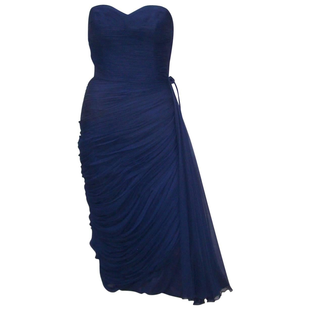 1950's Jean Desses Attributed Nanty Blue Silk Chiffon Goddess Dress 