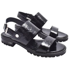 Christian Dior Black Leather Sandals with Crystal Detail Embellishments