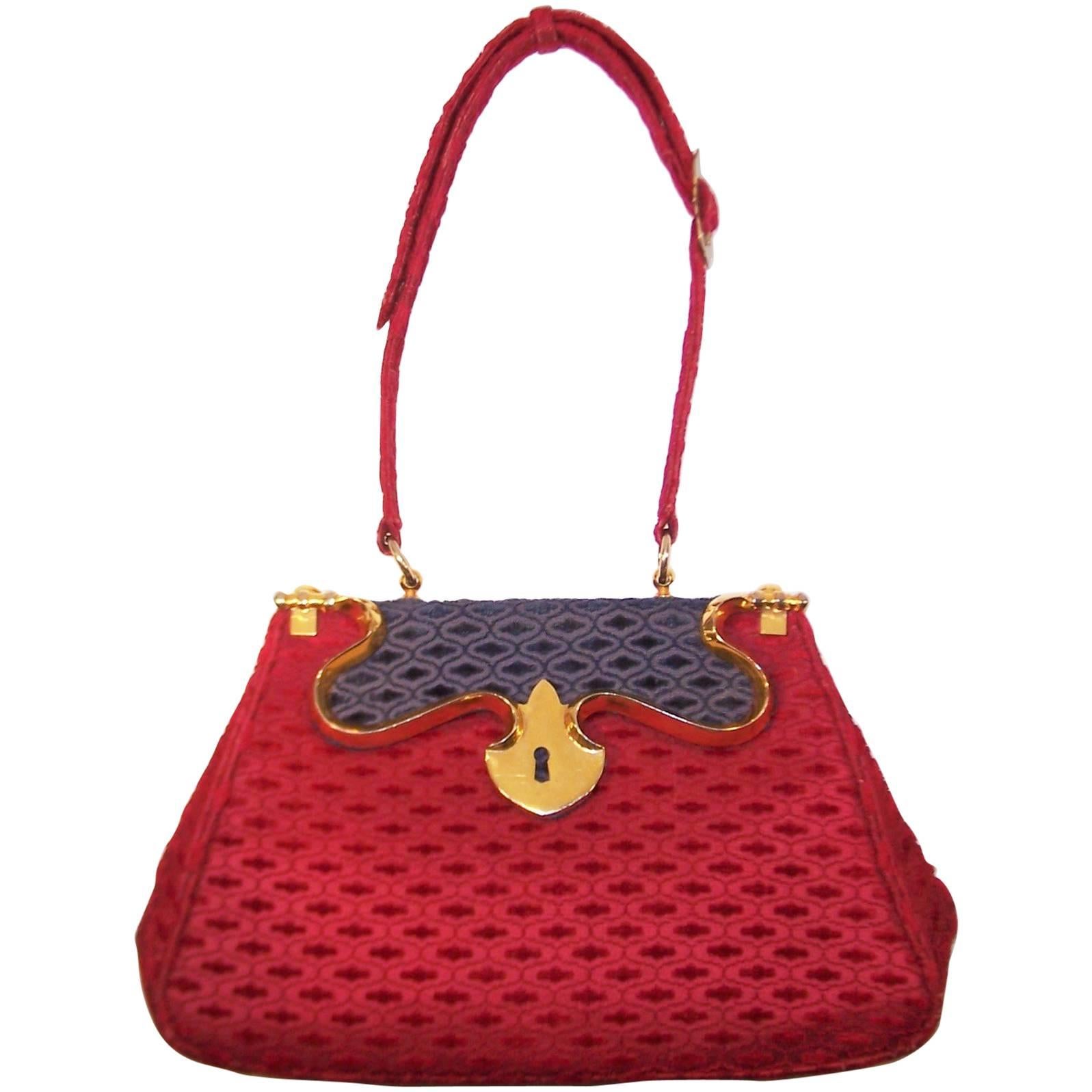 1950's Roberta Di Camerino Ruby Red & Blue Handbag With Outstanding Hardware