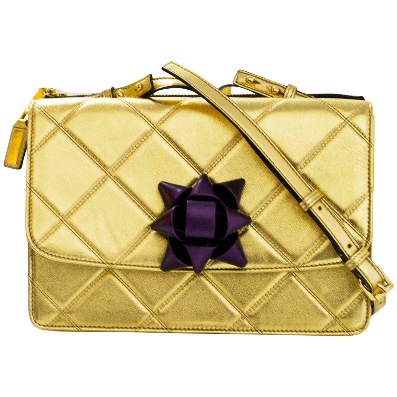 Marc Jacobs Gold Quilted Crossbody Bag  w/ Purple Bow