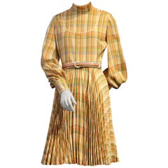 1960s James Galanos Wool Challis Pastel Plaid Dress w Full Bias Pleated Skirt