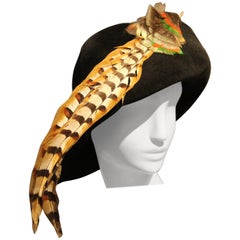 1960s Adolfo Black Felt Fedora with Turned-Up Front and Large Pheasant Feathers 6