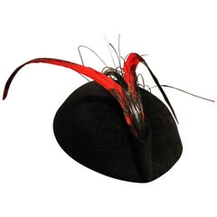 1960s Frank Olive Black Felt Tilt Hat with Red and Black Feather Trim