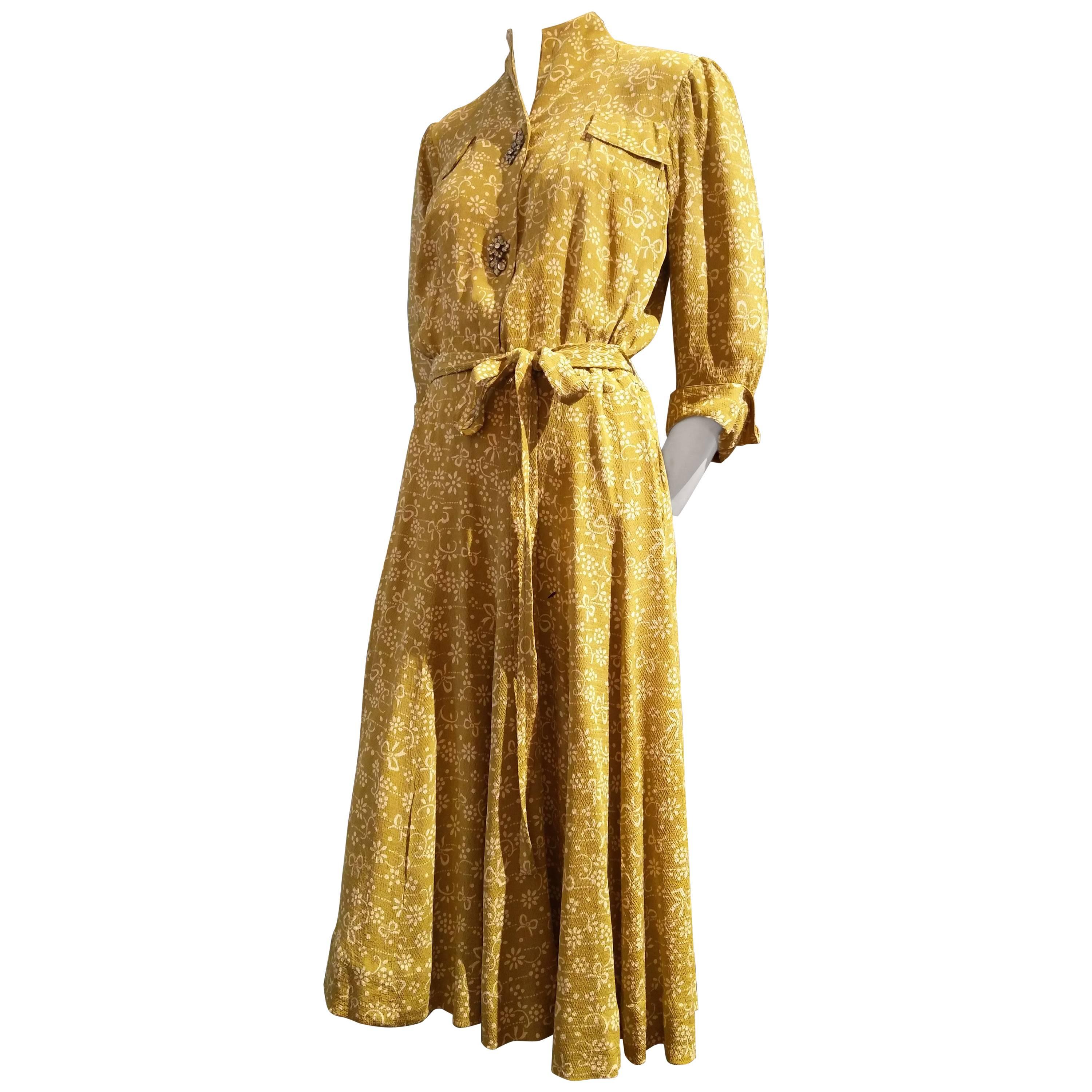1940s Eisenberg and Sons Gold Floral Print Silk Crepe Dress w/ Original Buttons