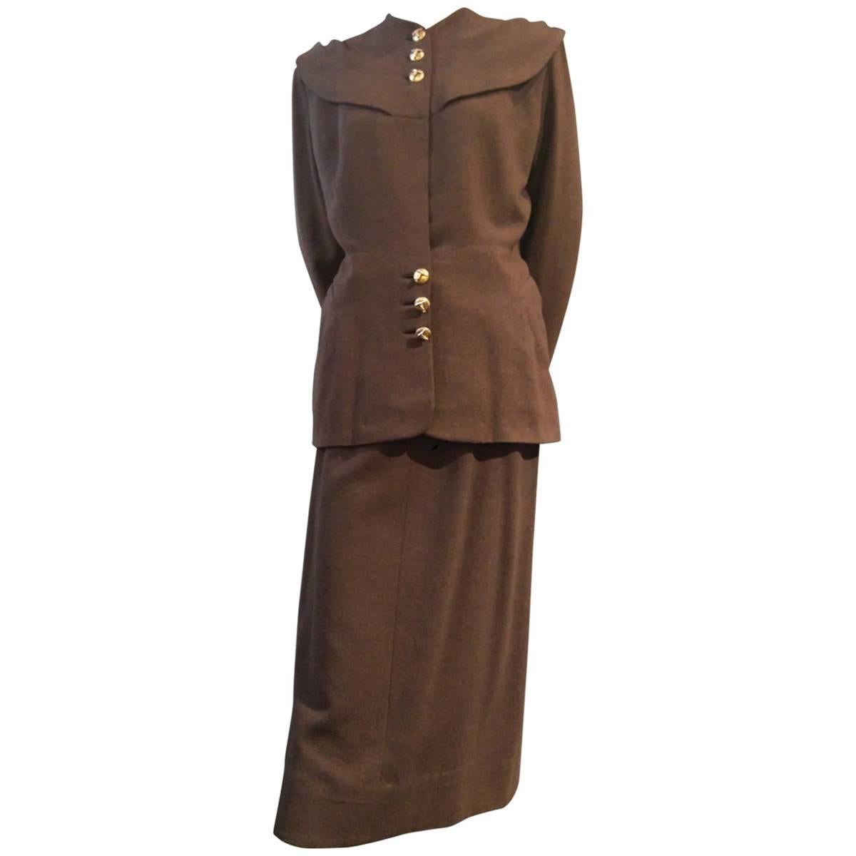 1940s Adrian Original Chocolate Brown Wool Suit w Large Rounded Collar / Caplet