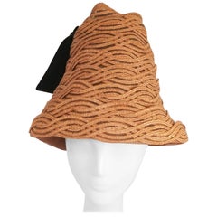 Vintage 1960s Braided Straw Cone Hat w/ Velvet Ribbon