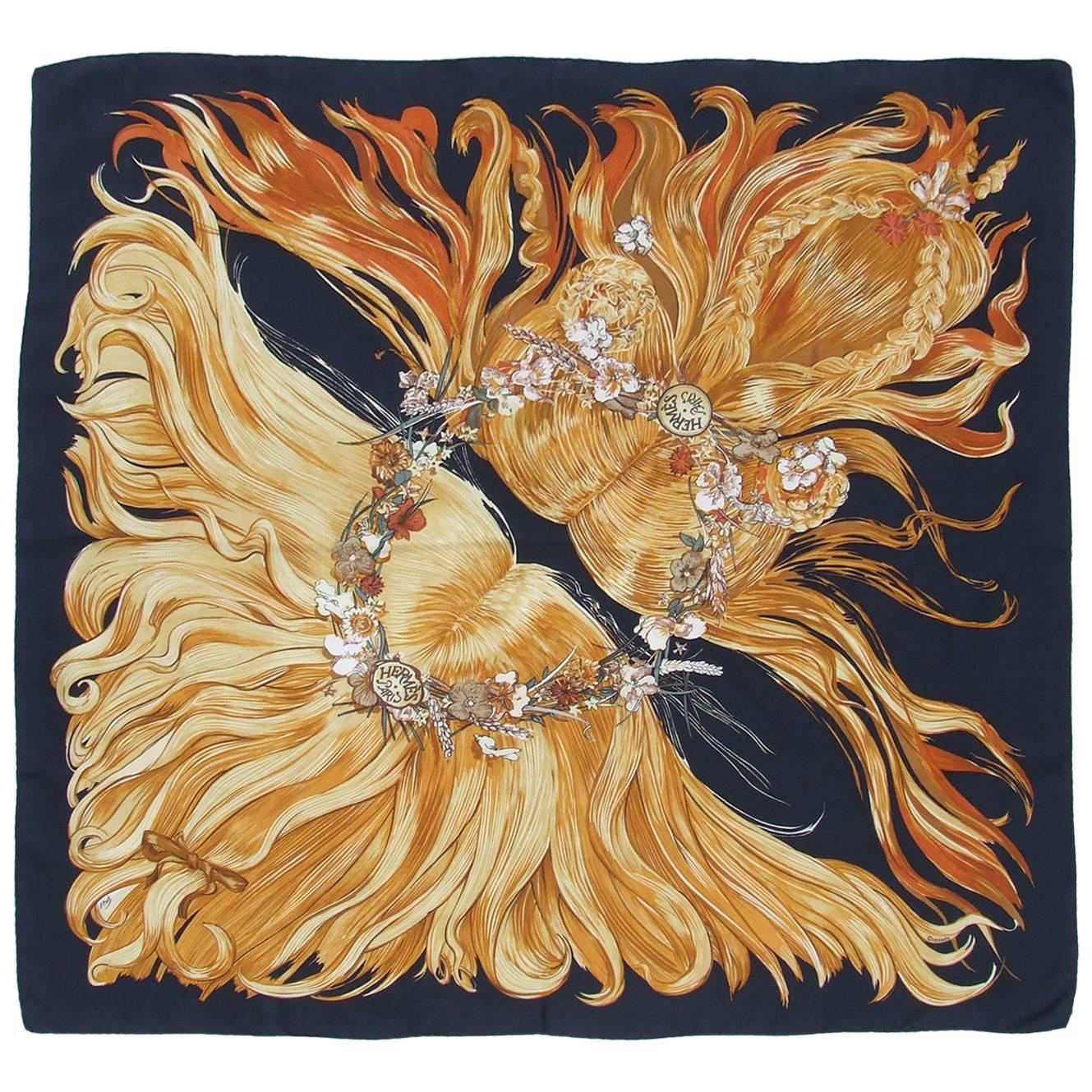 Rare Hermes Silk Scarf Eva Philippe Dumas Black 90 cm