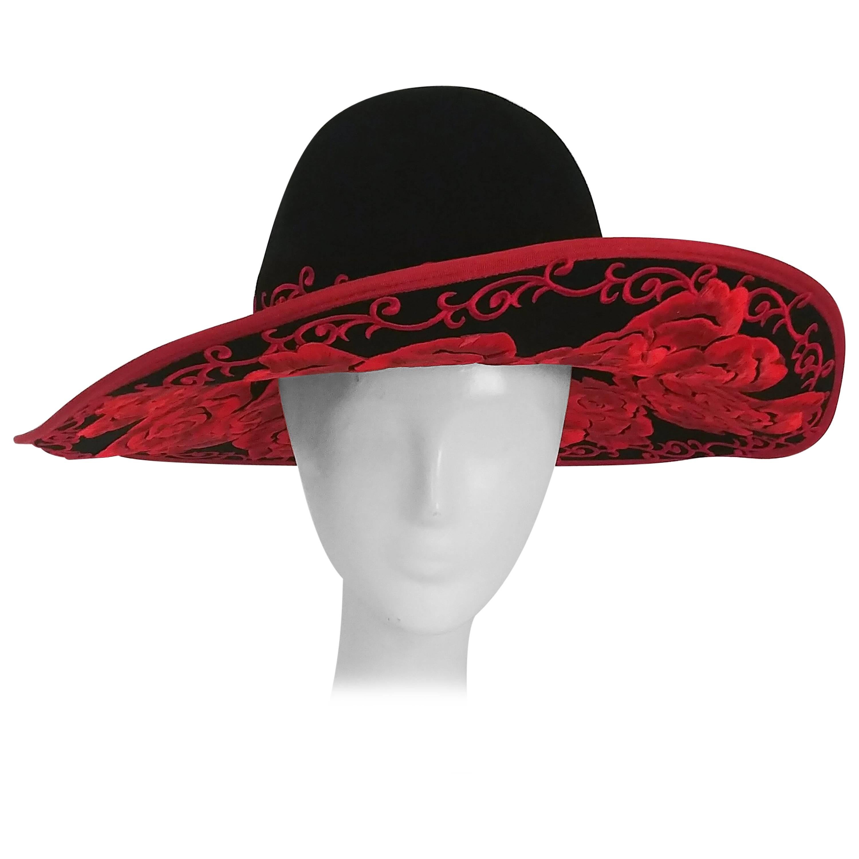 1980s Kokin Black Wide Brim Hat w/ Red Embroidered Roses For Sale