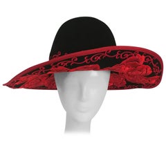Vintage 1980s Kokin Black Wide Brim Hat w/ Red Embroidered Roses