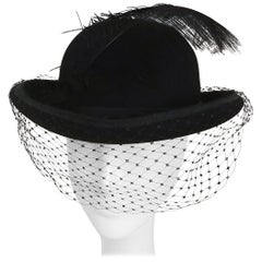 Vintage 1960s Women's Bowler Hat w/ Veil & Feather