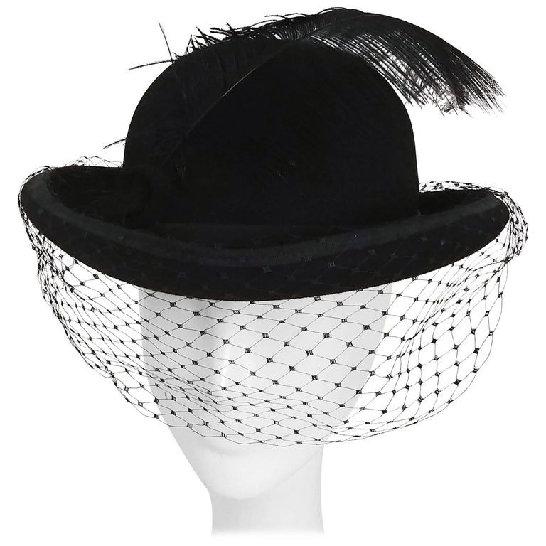 1960s Women's Bowler Hat w/ Veil and Feather at 1stDibs bowler hat