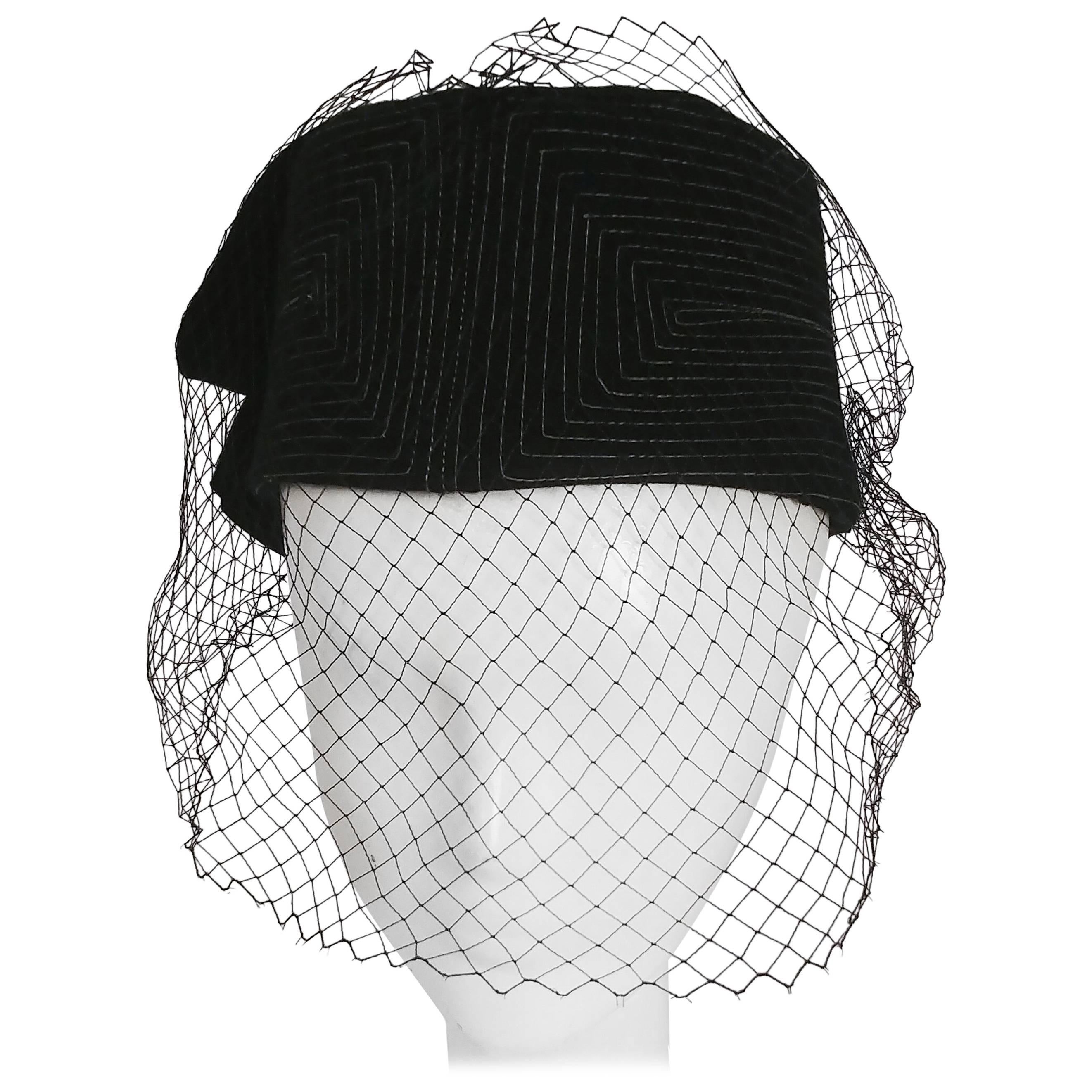1960s Black Hat w/ White Topstitching & Net