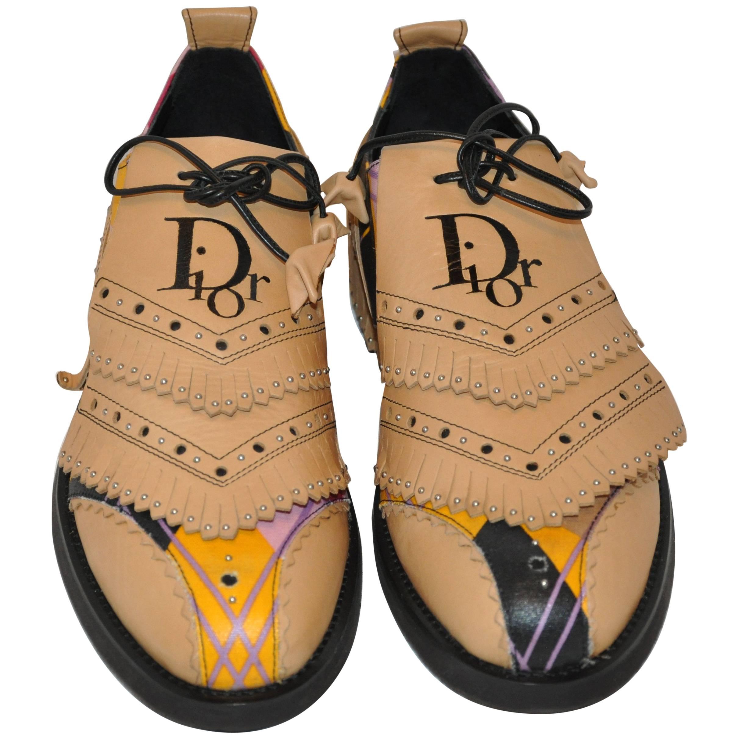 Christian Dior "Limited Edition" Multi-Abstract Fringe Gold Shoes For Sale