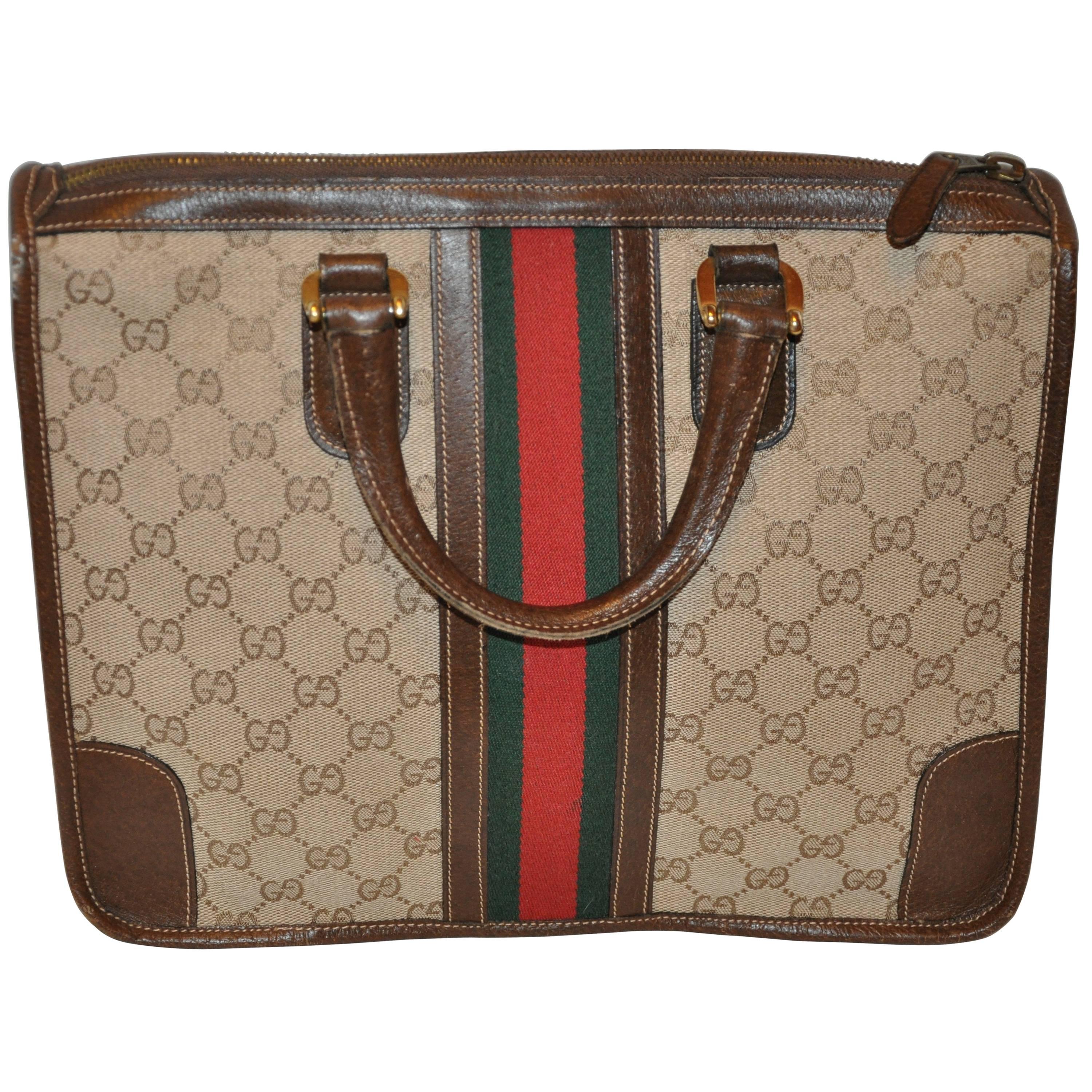 Gucci "GG" Canvas with Signature Stripe Zippered Top Tote 