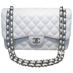 Chanel White Caviar Leather Jumbo 2.55 Double Flap Classic Shoulder Bag