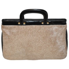 Greta Natural Pony-Skin with Black "Spring Back" Opening Top Handbag 