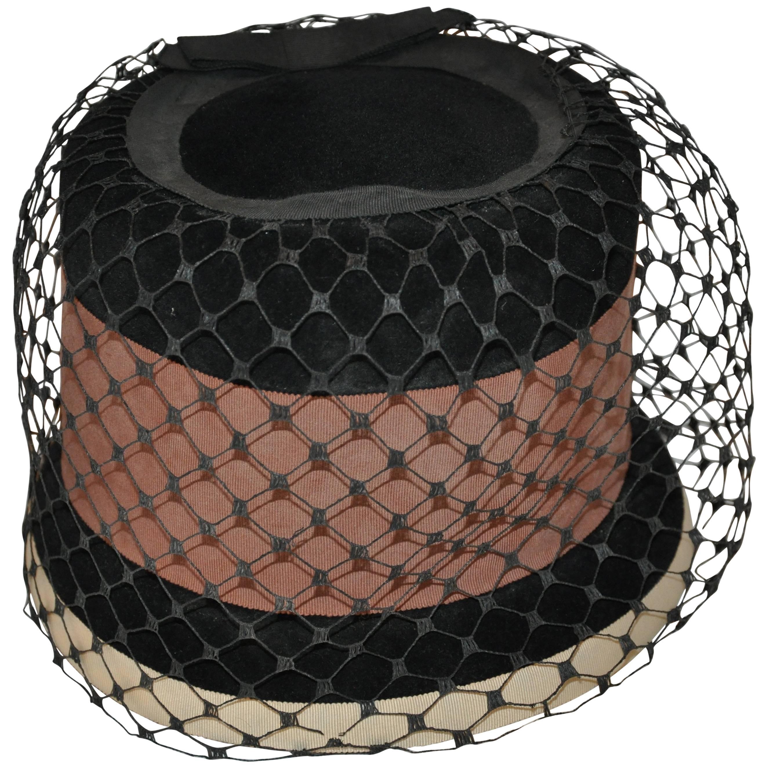 Tall Black Wool Felt Detailed with Brown and Beige Accent Netted Hat